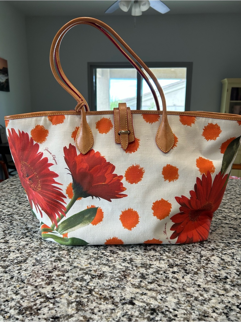 Dooney & Bourke Red Floral Canvas Tote with Orange Accents